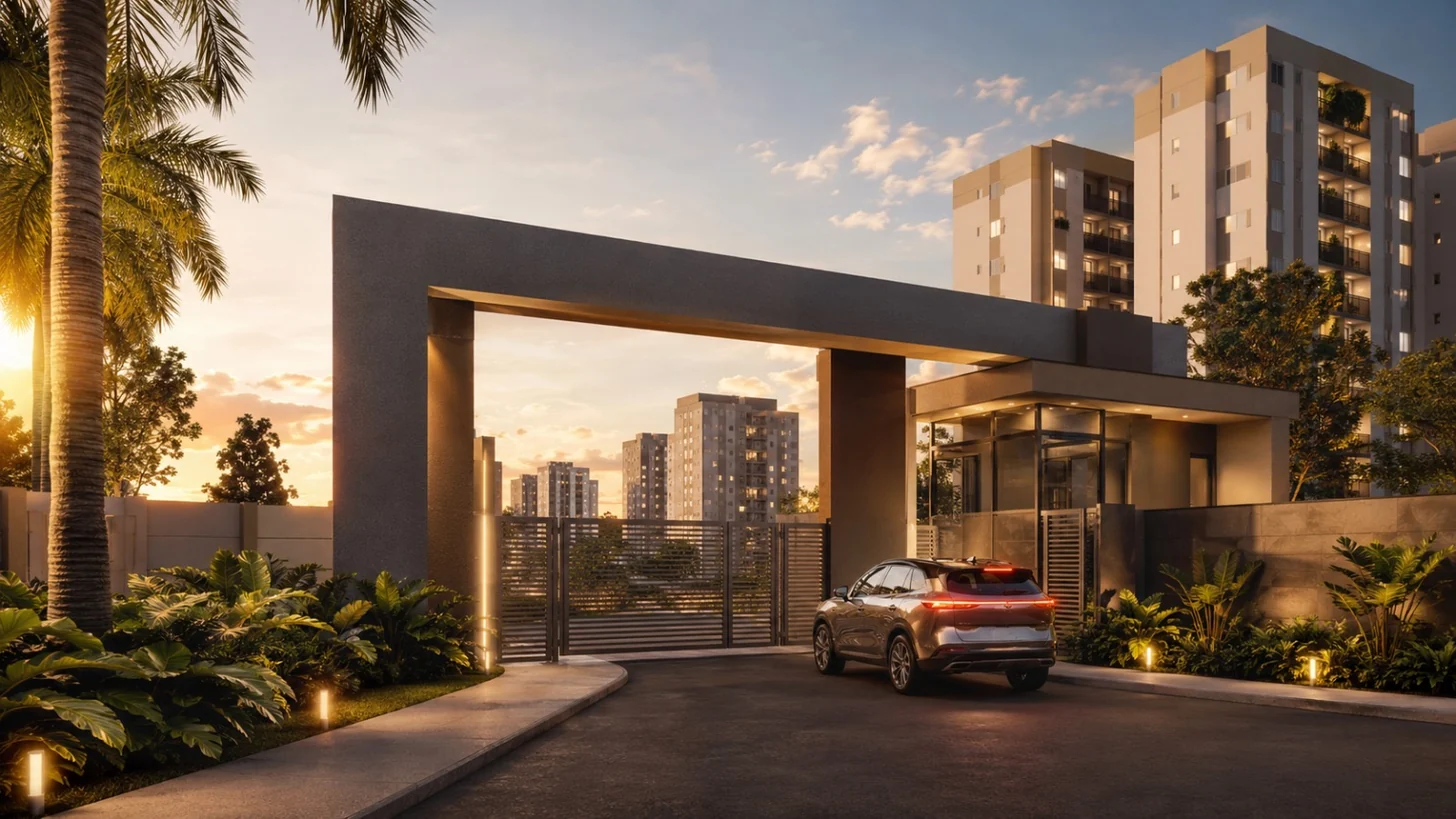 Entrada de condomínio de apartamentos na zona sul de Uberlândia ao pôr do sol, com o skyline da região ao fundo
