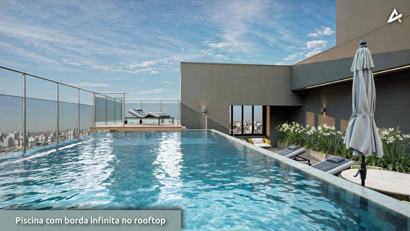 Piscina com borda infinita no rooftop da Torre Paris do Arsen Sabiá, com vista da cidade de Uberlândia