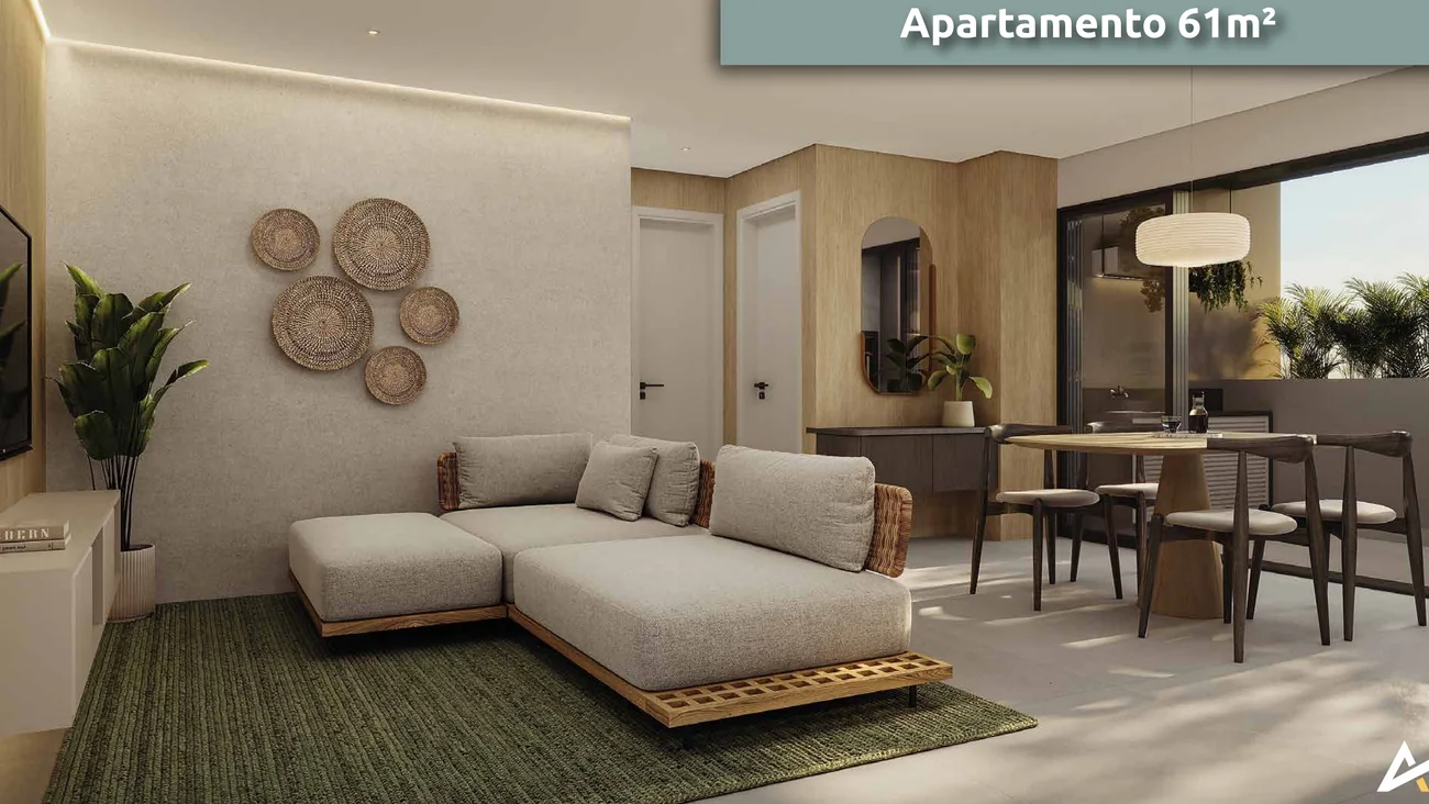 Planta do Arsen Sabiá, 61 m², com dois quartos sendo um suíte, sala e cozinha integradas e varanda com churrasqueira