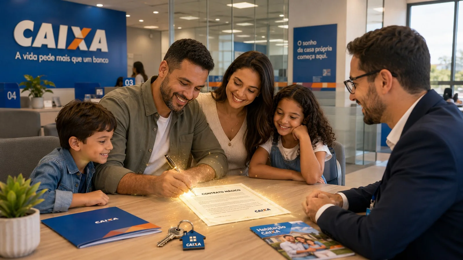 Família assinando o contrato de financiamento habitacional em uma agência da Caixa, acompanhada pelo gerente