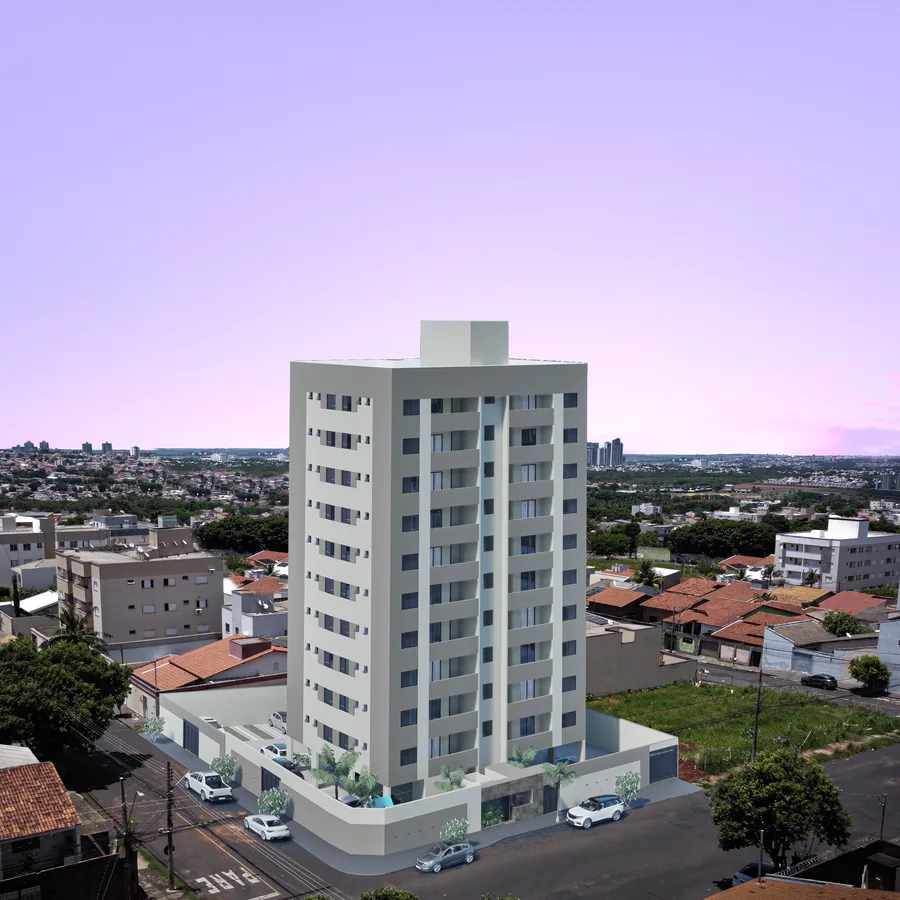 Vista aérea ilustrativa do Axor Residence com o bairro Santa Mônica em volta