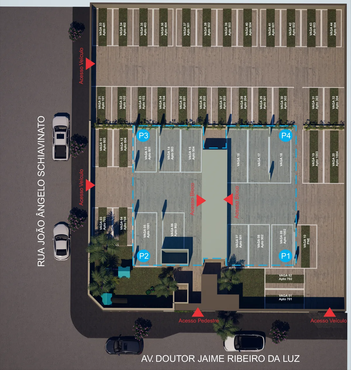 Implantação das vagas do Axor Residence, com a numeração de cada vaga por apartamento, as vagas cobertas embaixo da torre e os acessos pela Rua João Ângelo Schiavinato e pela Av. Doutor Jaime Ribeiro da Luz
