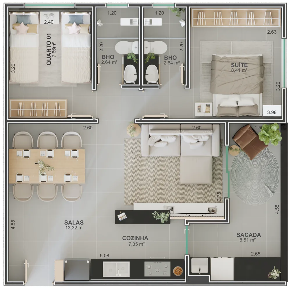 Planta humanizada do Axor Residence, opção 1: mesa de jantar ao lado da parede dos quartos e sala de estar no centro, com cozinha integrada e varanda