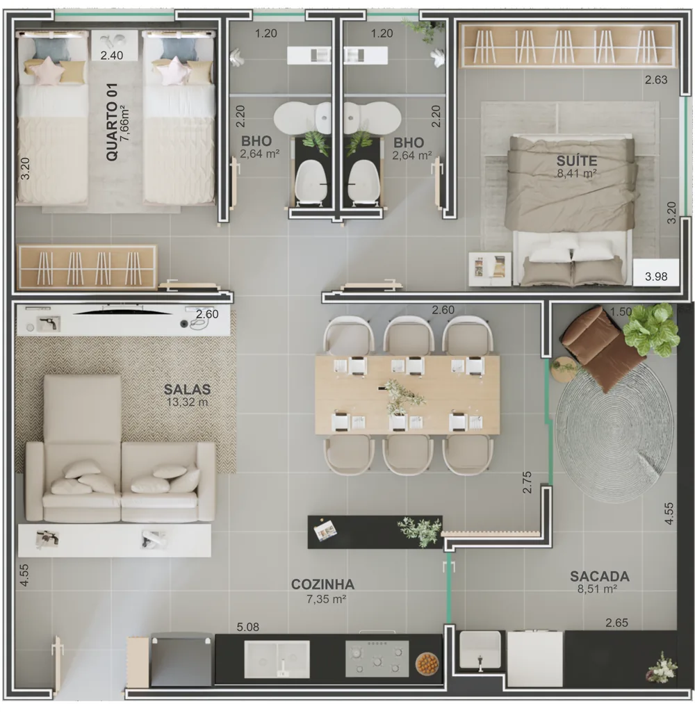 Planta humanizada do Axor Residence, opção 2: sala de estar ao lado da parede dos quartos e mesa de jantar no centro, perto da varanda