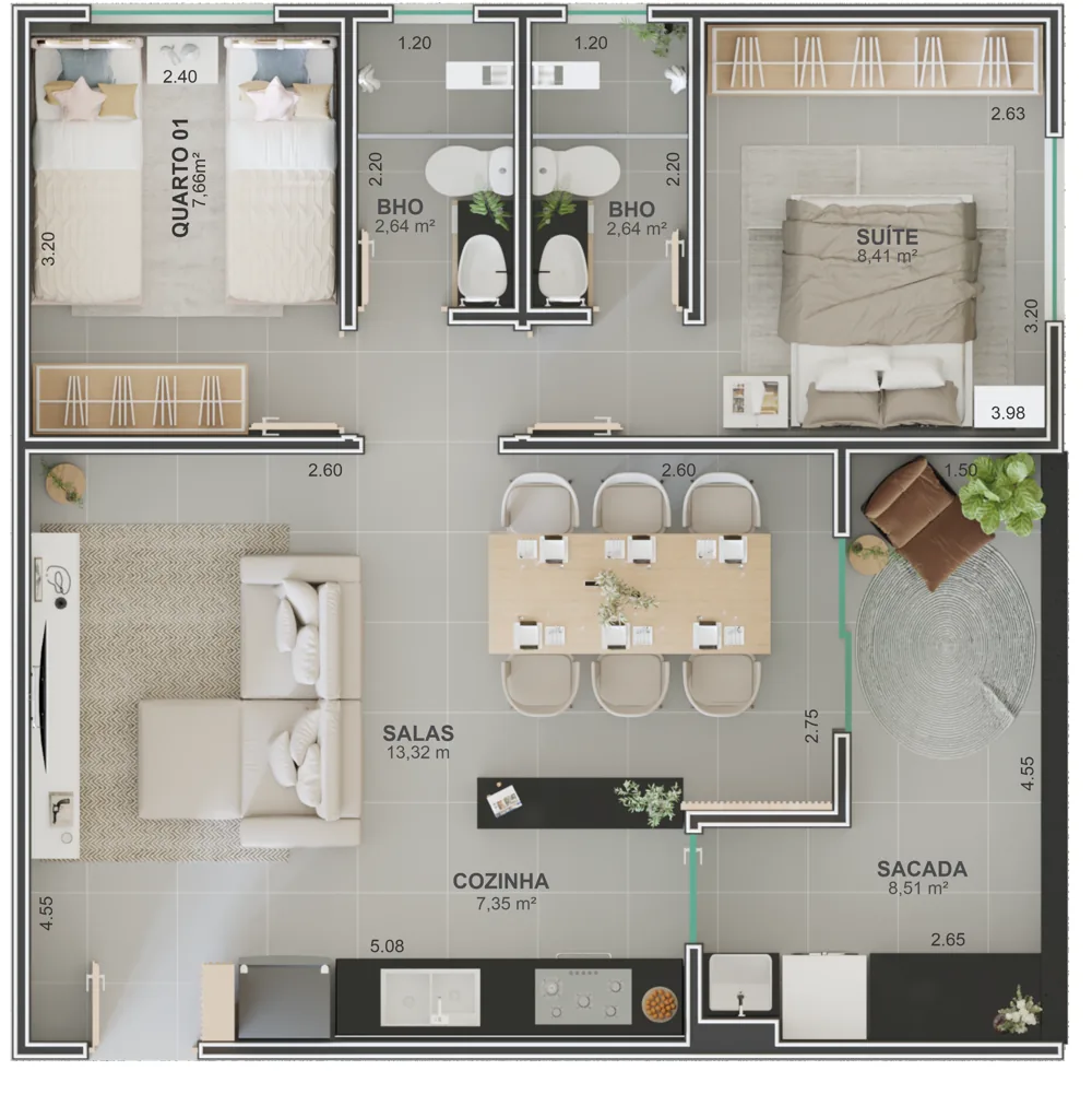Planta humanizada do Axor Residence, opção 3: sala de estar com sofá em L na parede lateral e mesa de jantar no centro