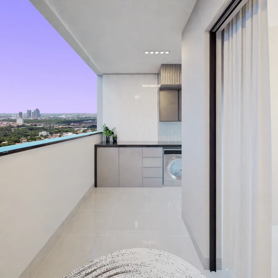 Varanda gourmet do Axor Residence com bancada e vista da cidade
