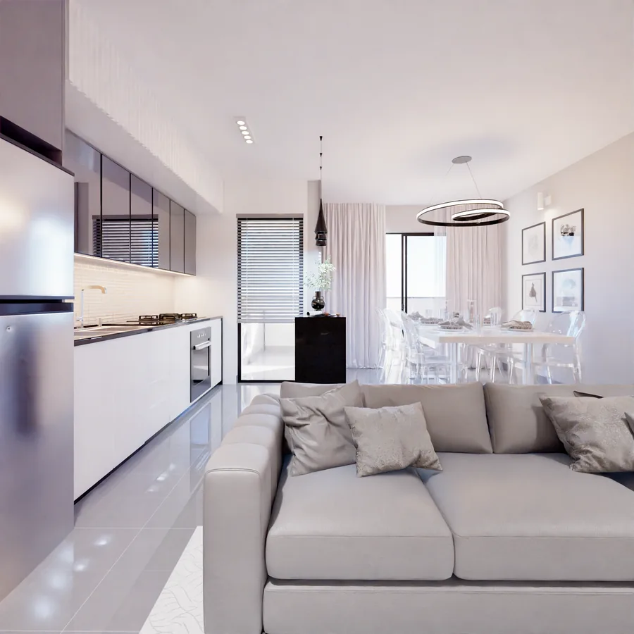 Outra versão da sala do Axor Residence, com a cozinha em linha e a sala de jantar ao fundo