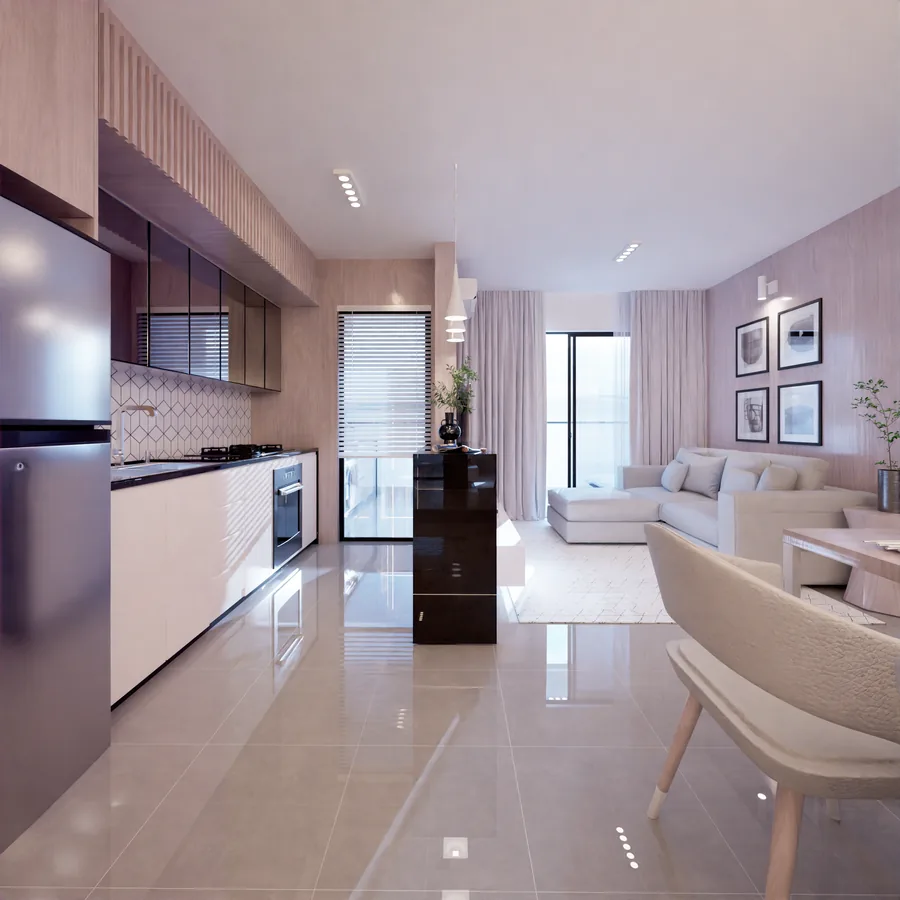 Versão invertida da sala do Axor Residence, com estar perto da varanda