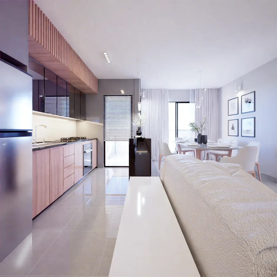 Sala e cozinha integradas de um apartamento do Axor Residence, com sofá e mesa de jantar