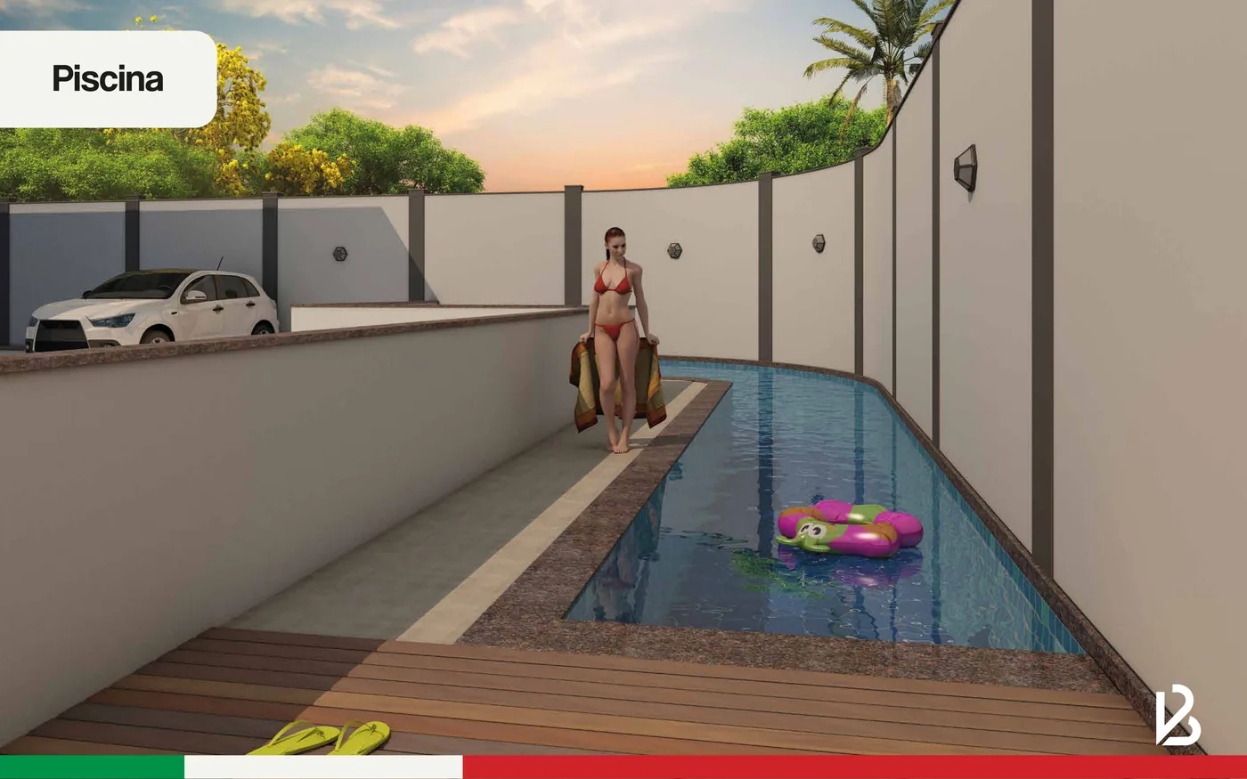 Área de lazer do Bella Vita com piscina em formato de raia