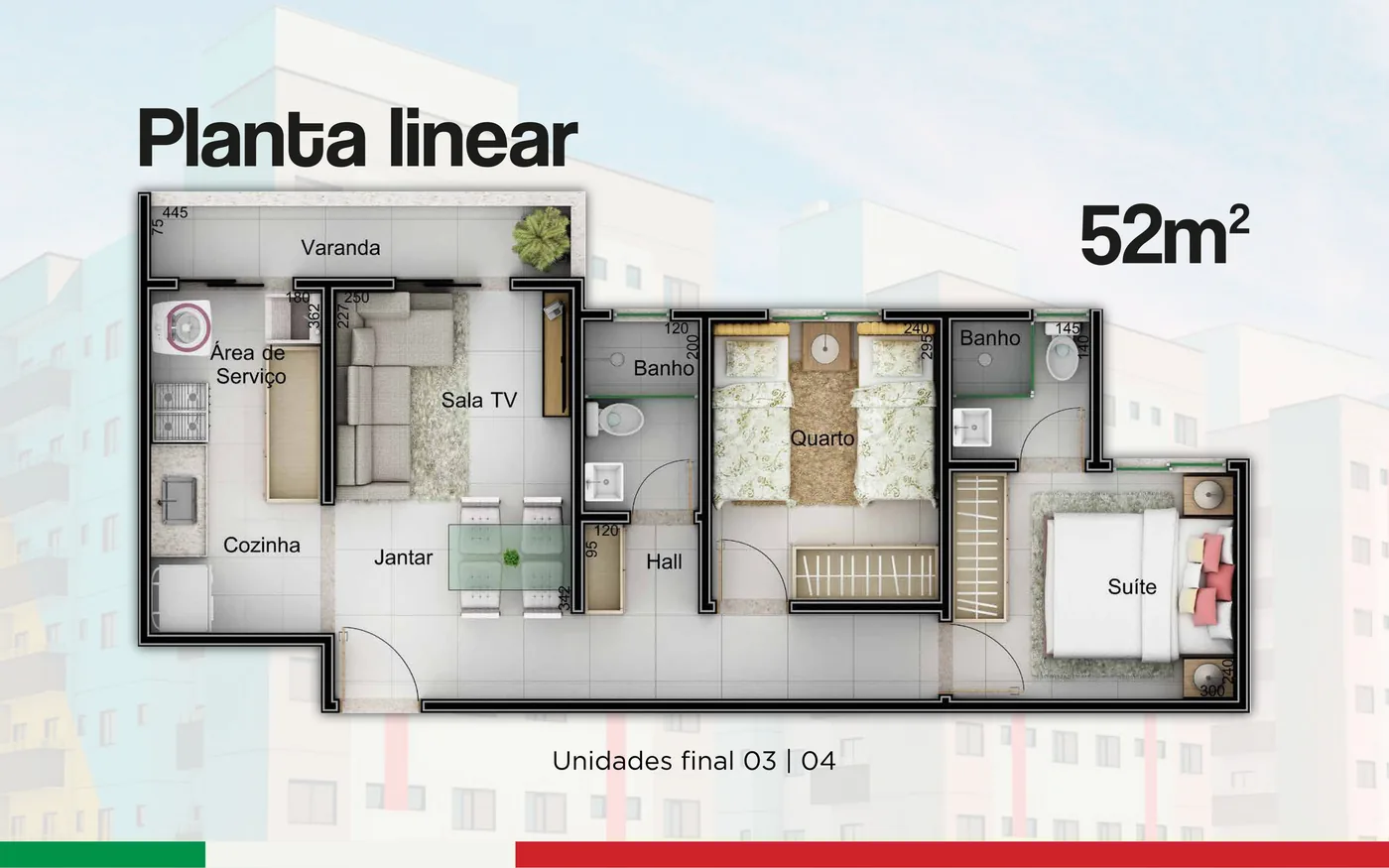 Planta linear do Bella Vita, unidades finais 03 e 04, com suíte, quarto, dois banheiros, sala de TV e jantar, cozinha, área de serviço e varanda