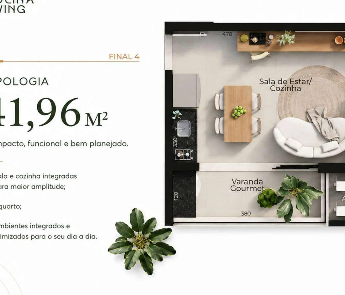 Planta humanizada da tipologia de 41,96 m² do Colina Living, final 4, com quarto separado, sala e cozinha integradas