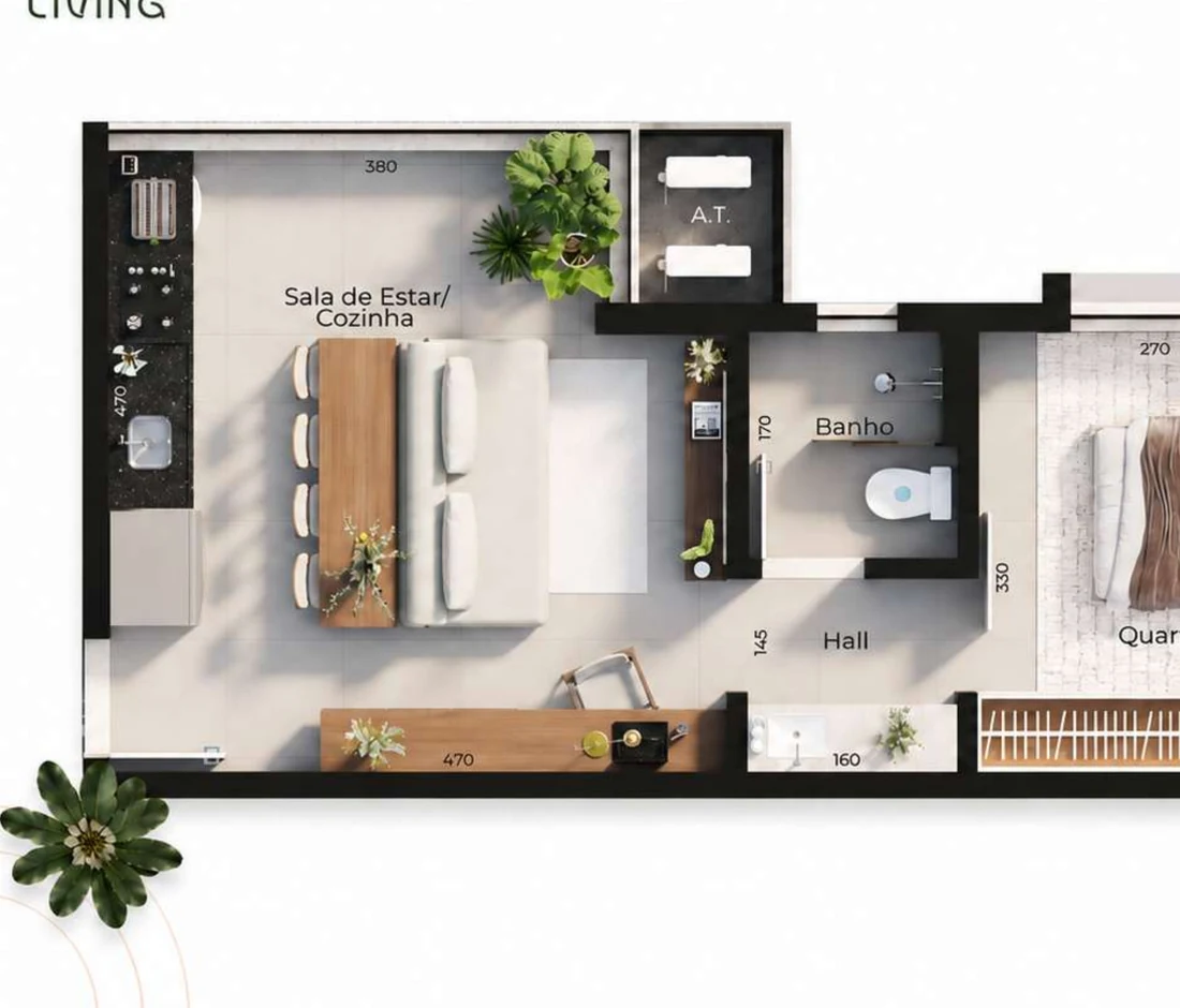 Planta humanizada da tipologia de 42,59 m² do Colina Living, final 3, com quarto separado e ambientes integrados