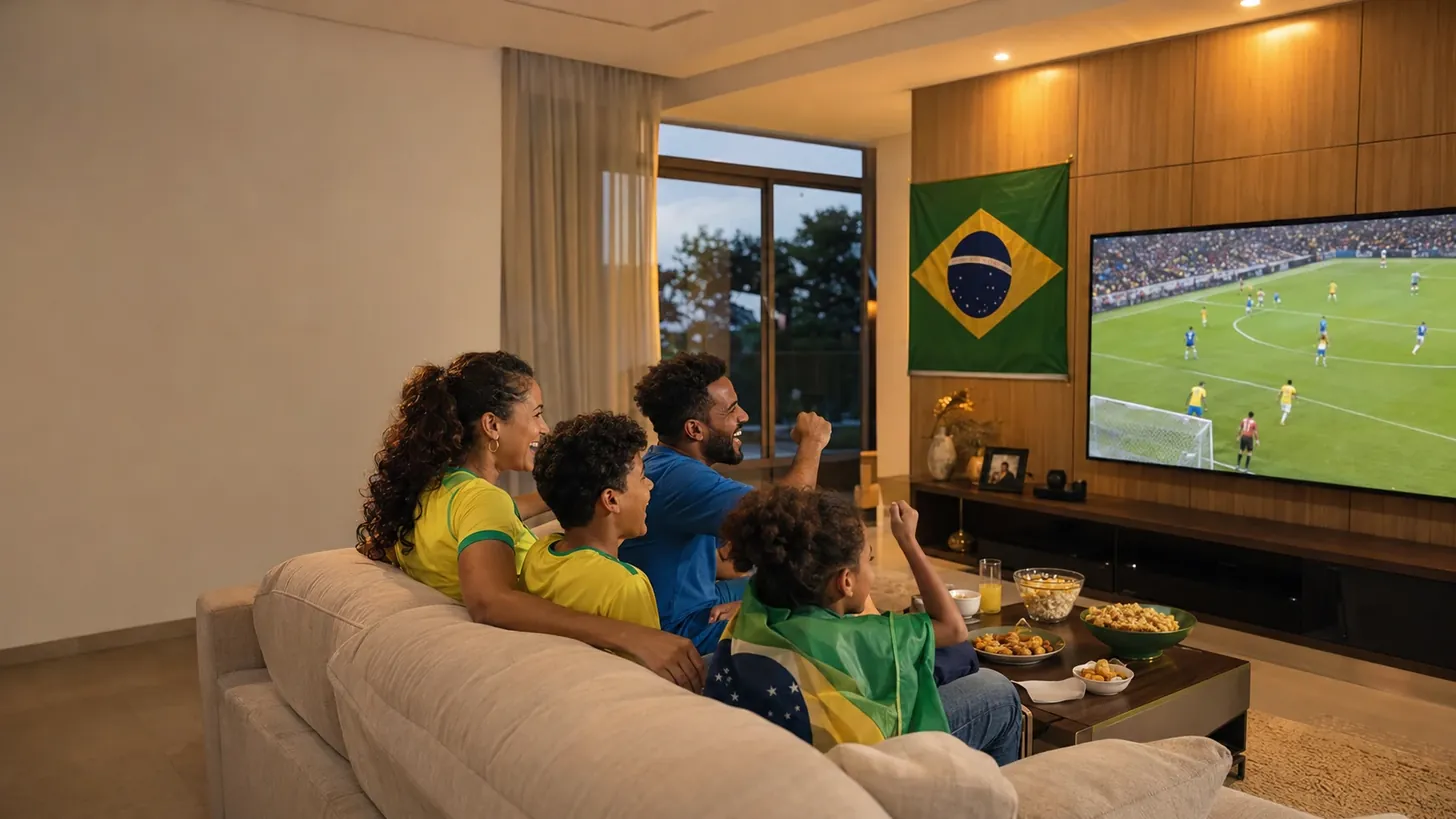Família assistindo à Copa do Mundo na sala da casa própria em Uberlândia
