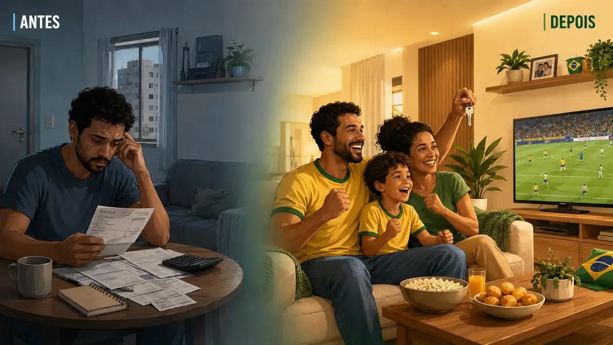 Antes e depois de sair do aluguel: homem preocupado com boletos e família comemorando a Copa na casa própria