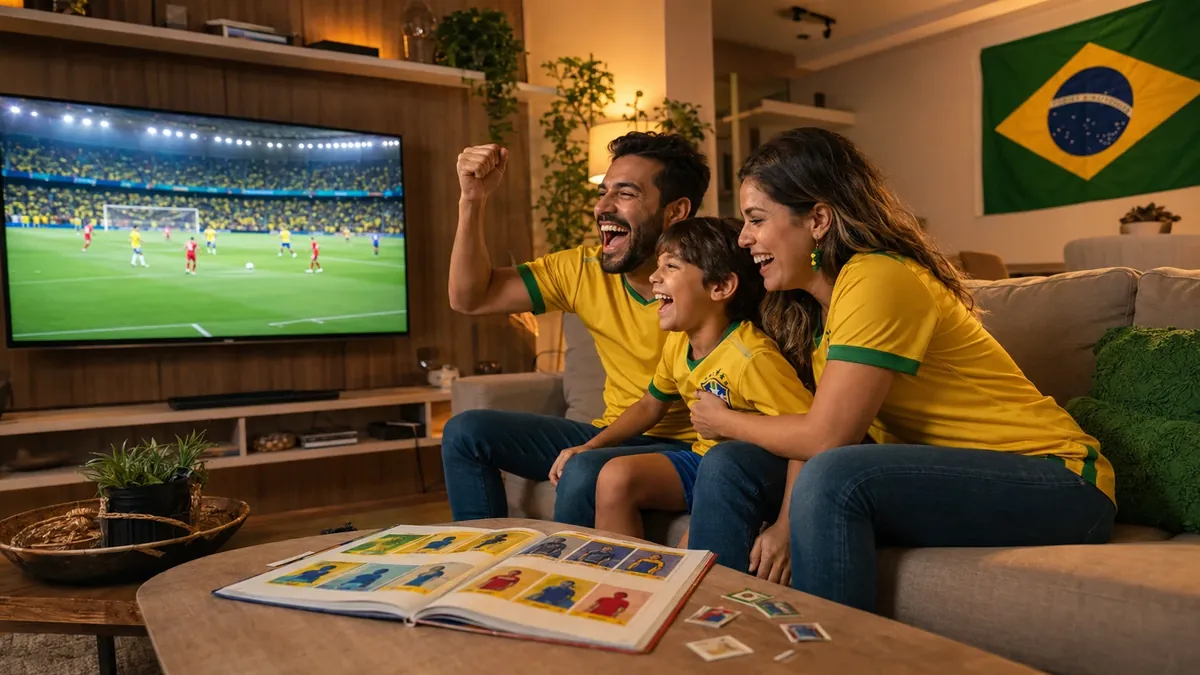 Família de camisa amarela comemorando gol na sala com álbum de figurinhas da Copa 2026 aberto na mesa