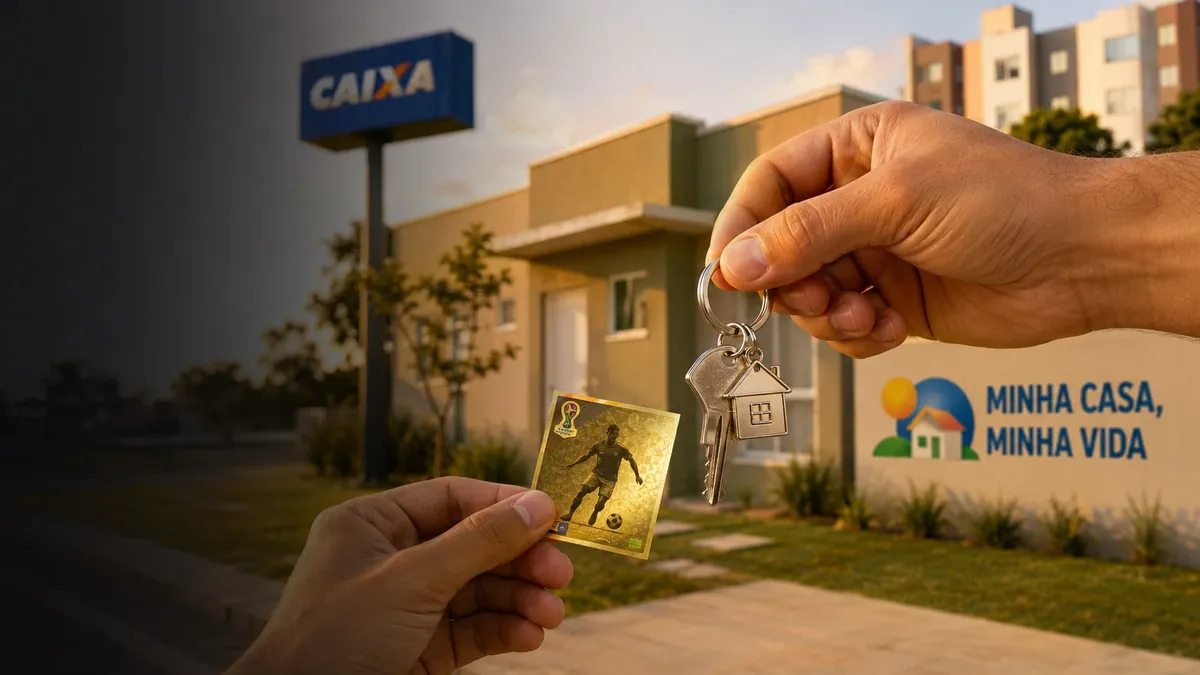 Mão entregando figurinha dourada da Copa e recebendo a chave da casa própria pelo Minha Casa Minha Vida