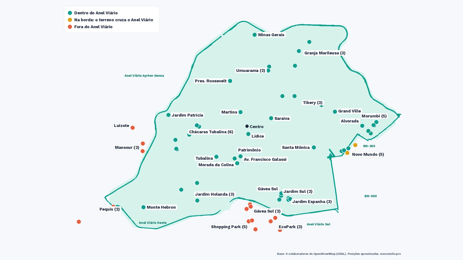 Mapa do Anel Viário de Uberlândia com os lançamentos dentro do Anel Viário, na borda e fora do Anel Viário