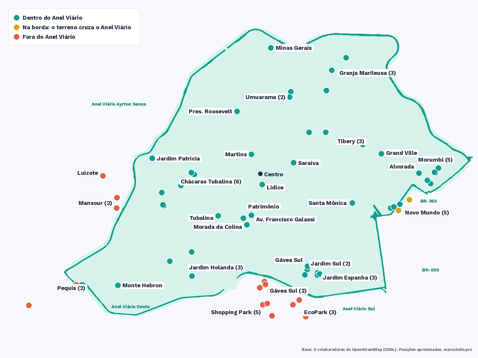 Mapa do Anel Viário de Uberlândia com os lançamentos imobiliários: dentro do Anel Viário em verde, na borda em amarelo e fora do Anel Viário em vermelho