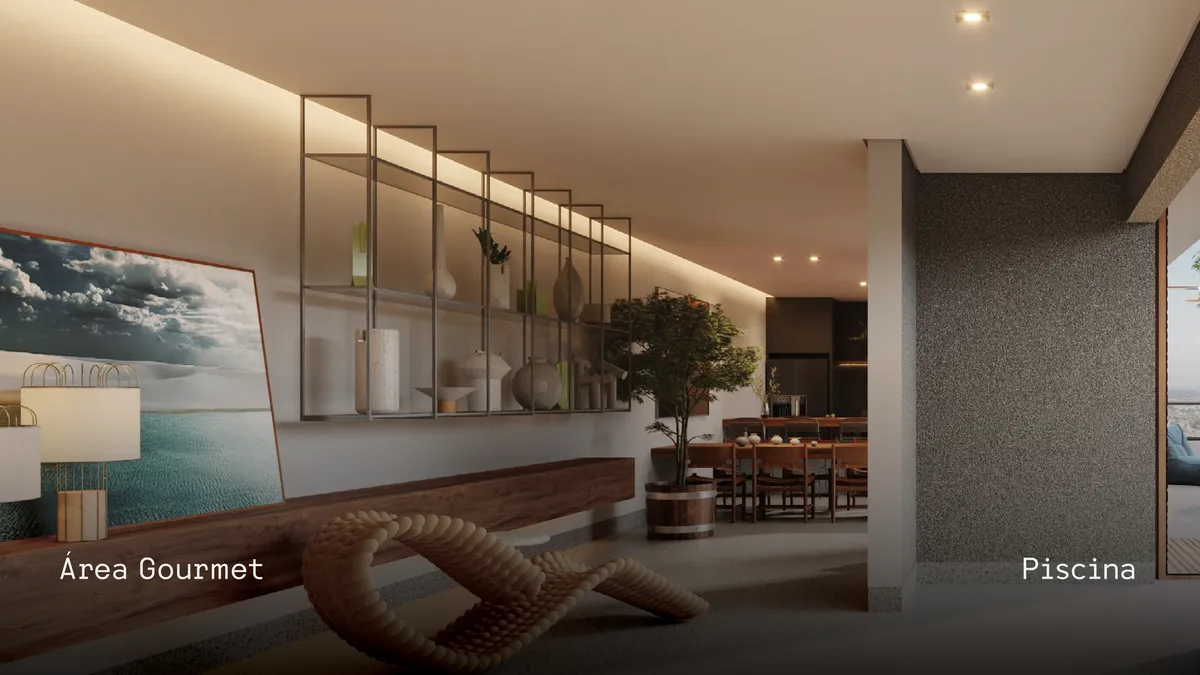 Área gourmet do DHauss Studios, ao lado da piscina, em perspectiva ilustrativa