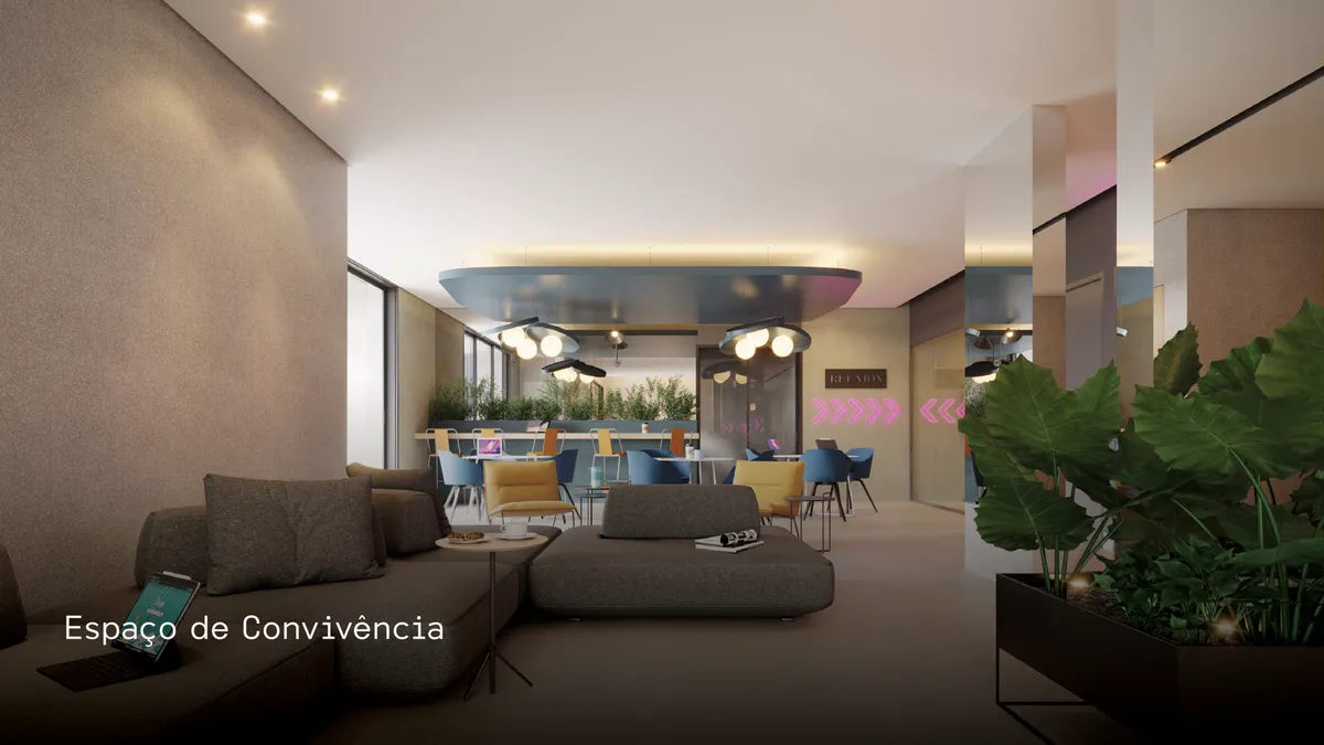 Espaço de convivência e coworking do DHauss Studios, em perspectiva ilustrativa
