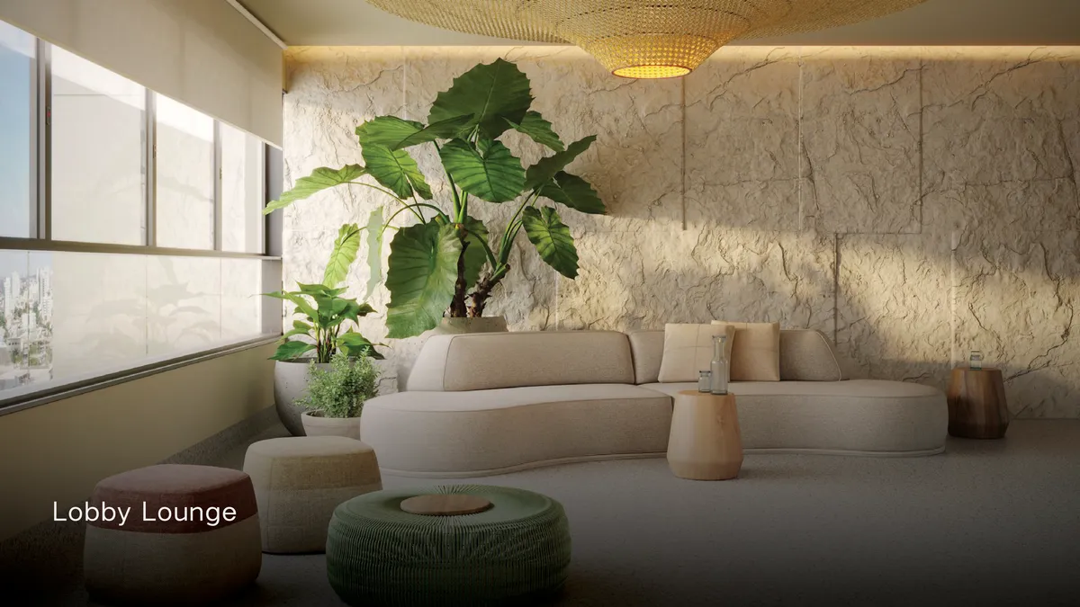 Lobby lounge do DHauss Studios, em perspectiva ilustrativa