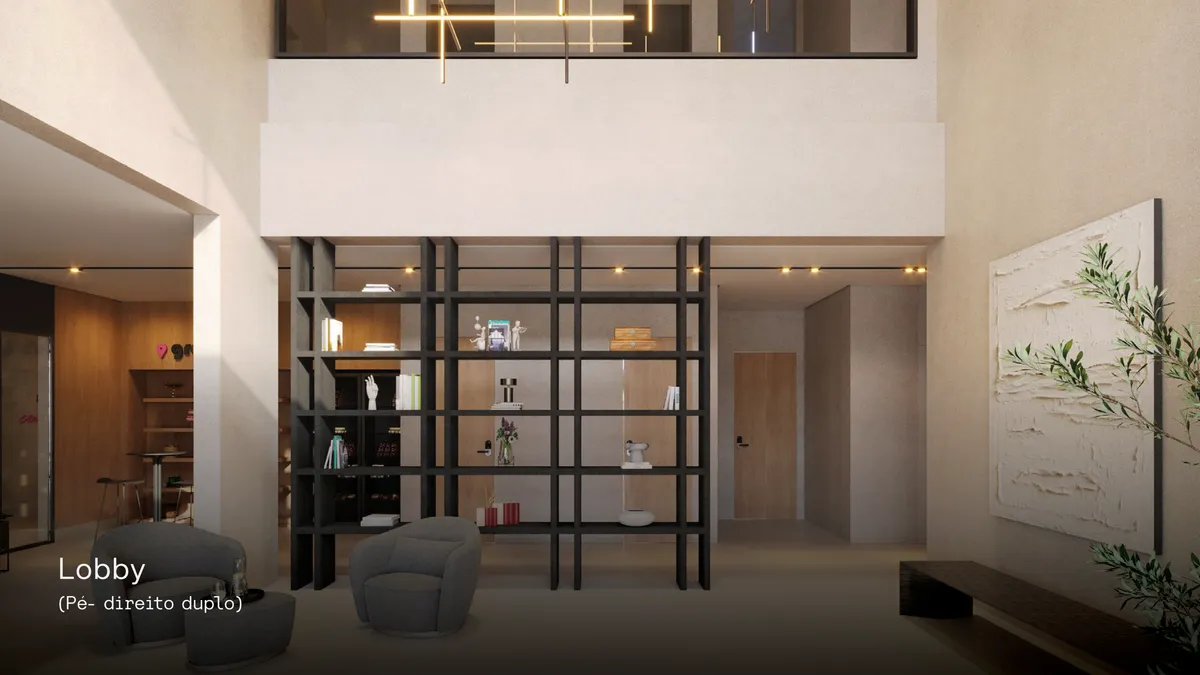 Lobby do DHauss Studios com pé-direito duplo, em perspectiva ilustrativa