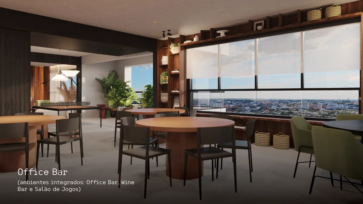 Office bar do DHauss Studios, integrado ao wine bar e ao salão de jogos, em perspectiva ilustrativa
