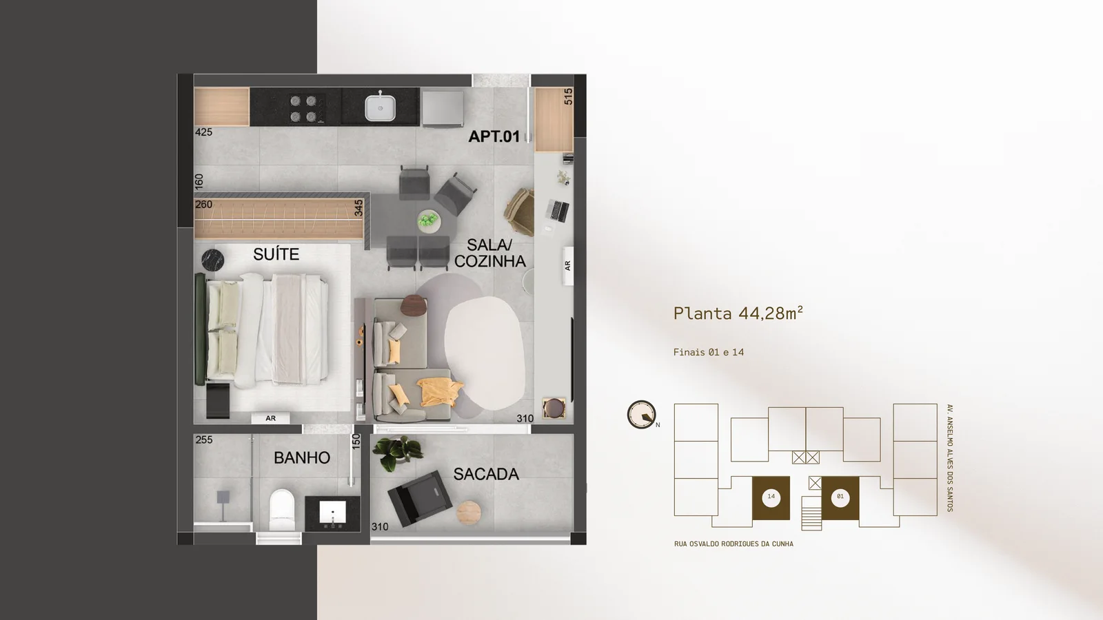 Planta do DHauss Studios, finais 01 e 14, 44,28 m²: APT.01: suíte, sala e cozinha integradas, banheiro e varanda