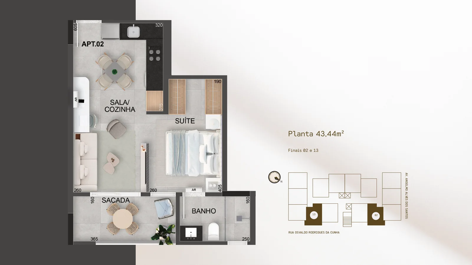 Planta do DHauss Studios, finais 02 e 13, 43,44 m²: APT.02: suíte, sala e cozinha integradas, banheiro e varanda