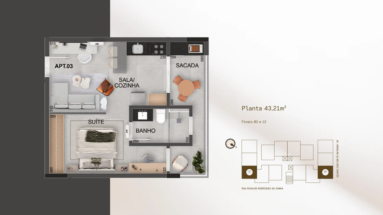 Planta do DHauss Studios, finais 03 e 12, 43,21 m²: APT.03, de canto: suíte, sala e cozinha integradas, banheiro e varanda