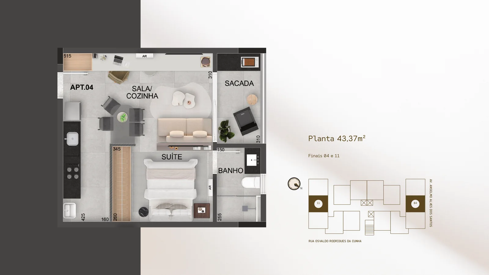 Planta do DHauss Studios, finais 04 e 11, 43,37 m²: APT.04: suíte, sala e cozinha integradas, banheiro e varanda