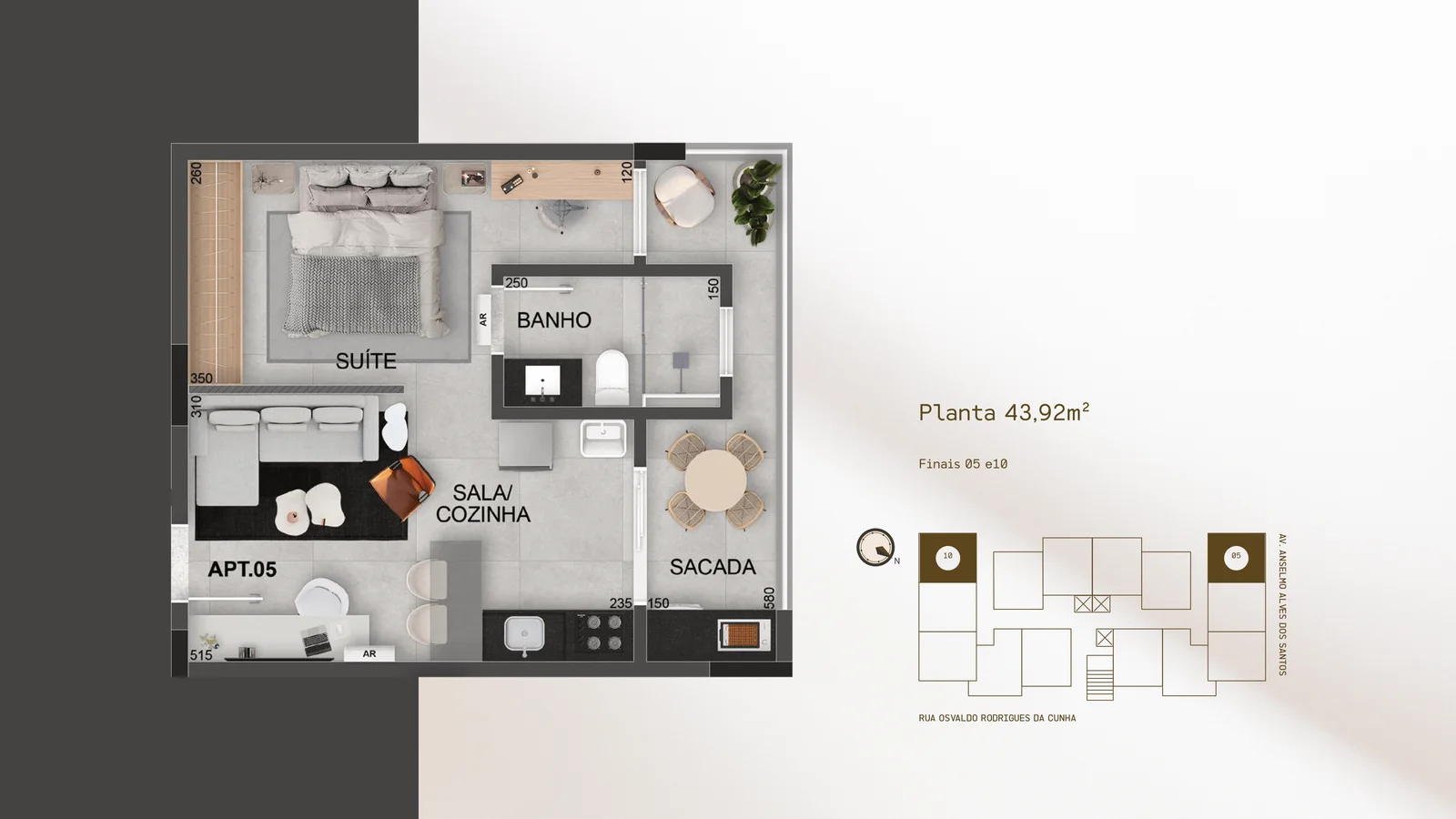 Planta do DHauss Studios, finais 05 e 10, 43,92 m²: APT.05, de canto: suíte, sala e cozinha integradas, banheiro e varanda