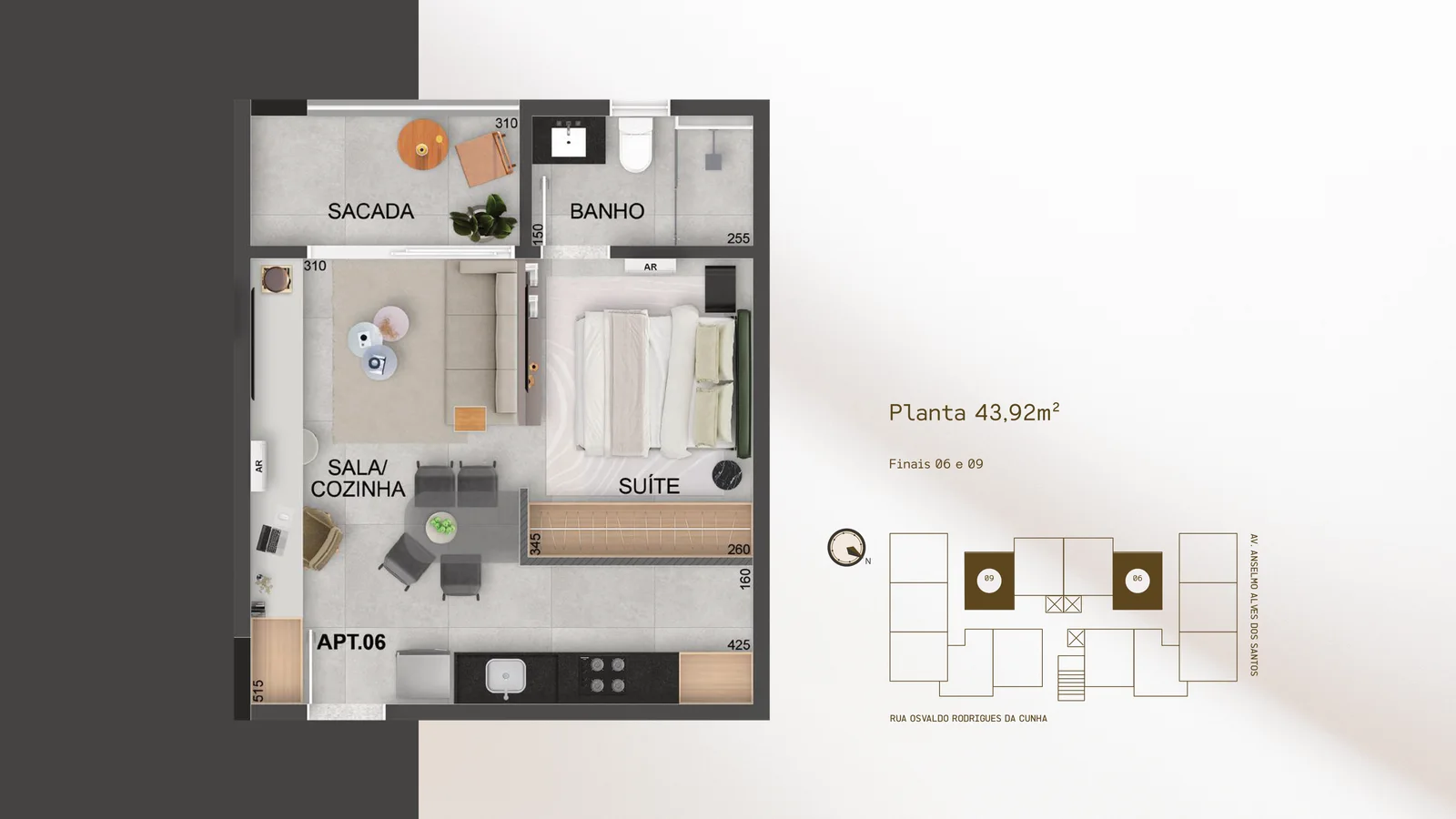 Planta do DHauss Studios, finais 06 e 09, 43,92 m²: APT.06: suíte, sala e cozinha integradas, banheiro e varanda