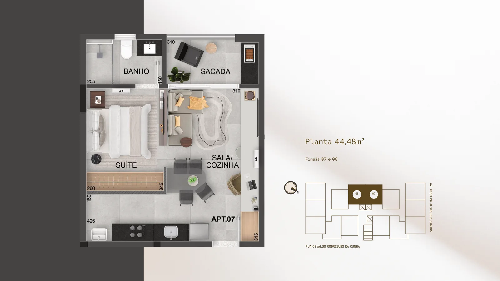 Planta do DHauss Studios, finais 07 e 08, 44,48 m²: APT.07: suíte, sala e cozinha integradas, banheiro e varanda