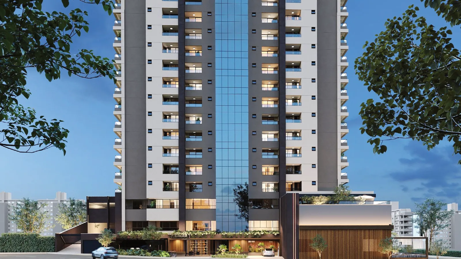Fachada do DHauss Studios, torre da Construtora Pacheco na Av. Anselmo Alves dos Santos, 150, bairro Saraiva, Uberlândia, em perspectiva ilustrativa