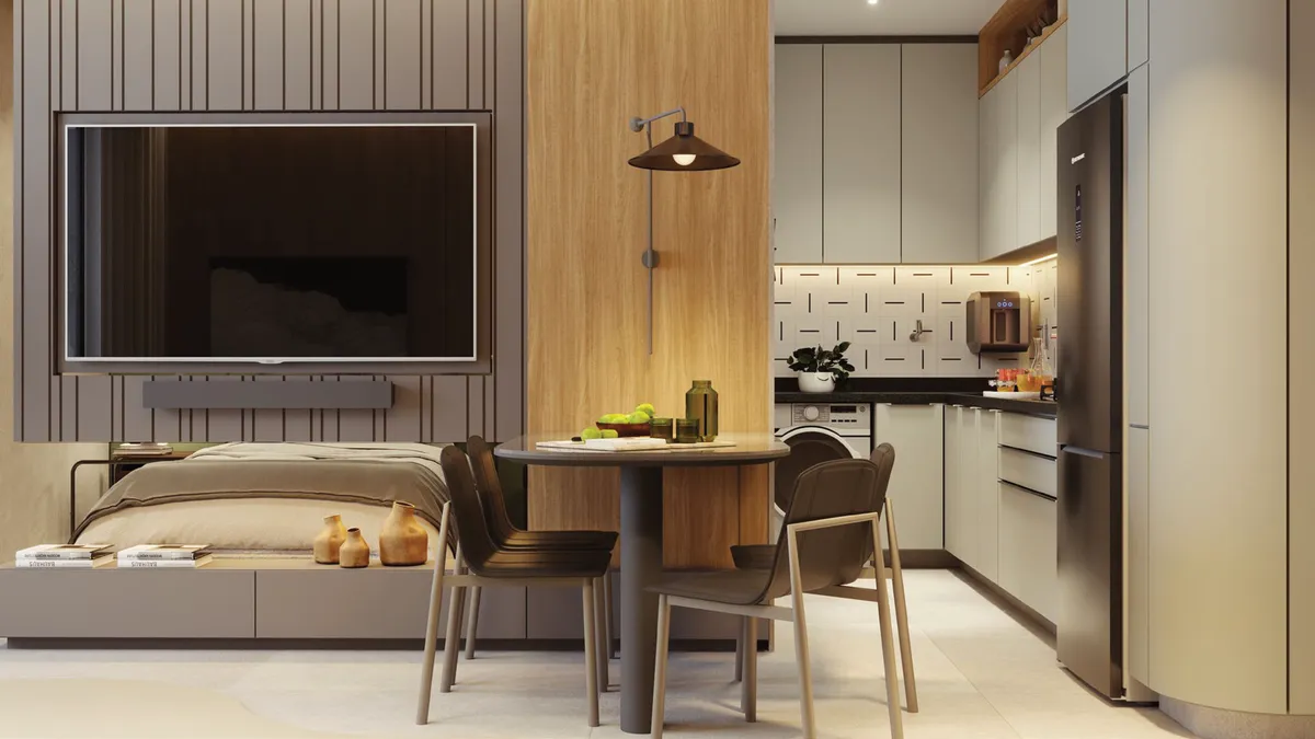 Interior de um studio do DHauss com cama, mesa e cozinha integrada, em perspectiva ilustrativa