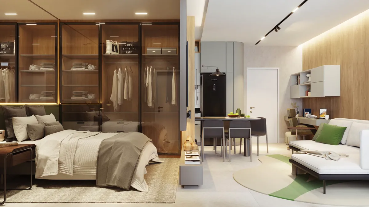 Interior de um studio do DHauss com suíte, cozinha e canto de home office, em perspectiva ilustrativa