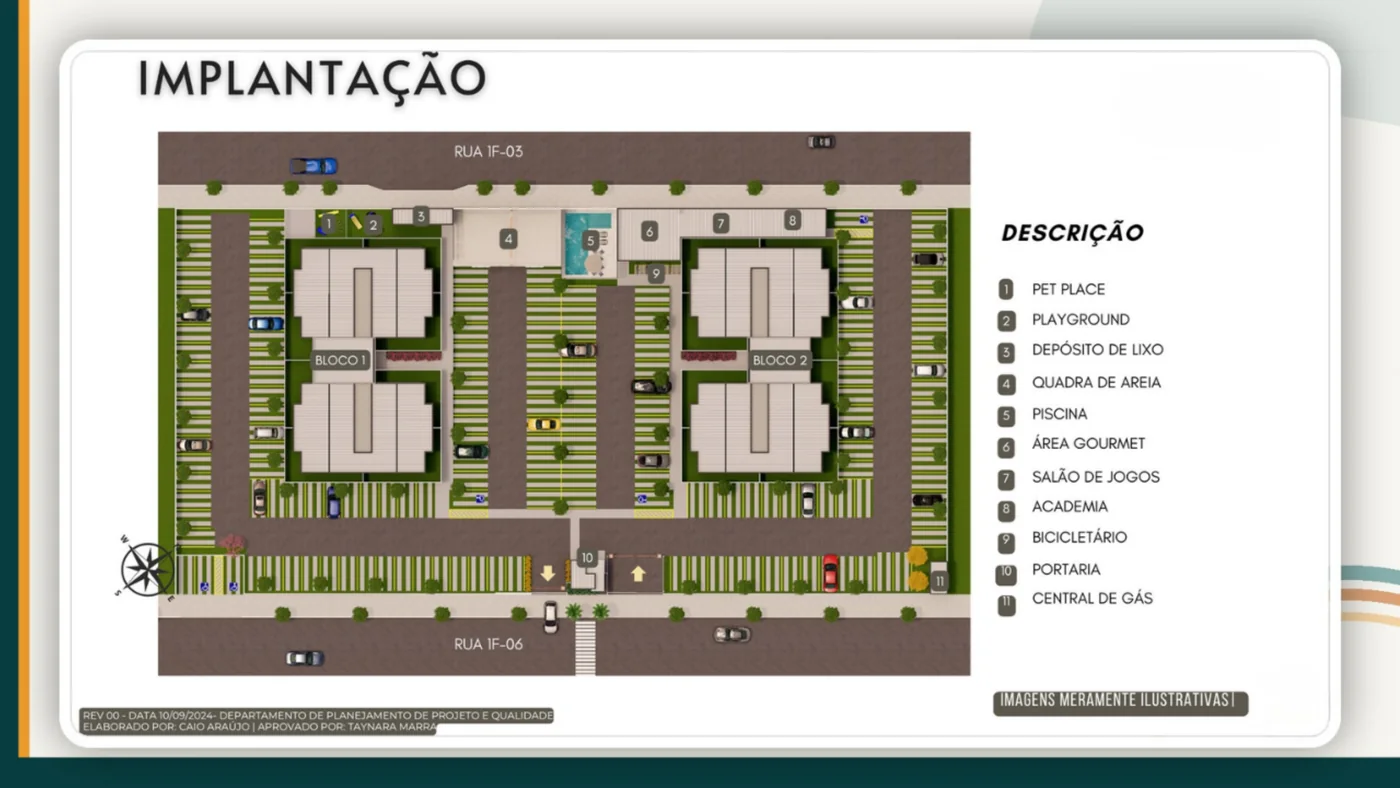 Implantação do Residencial Horizon, com os dois blocos, a piscina, a quadra de areia e as áreas de lazer, no Jardim Mansour, em Uberlândia
