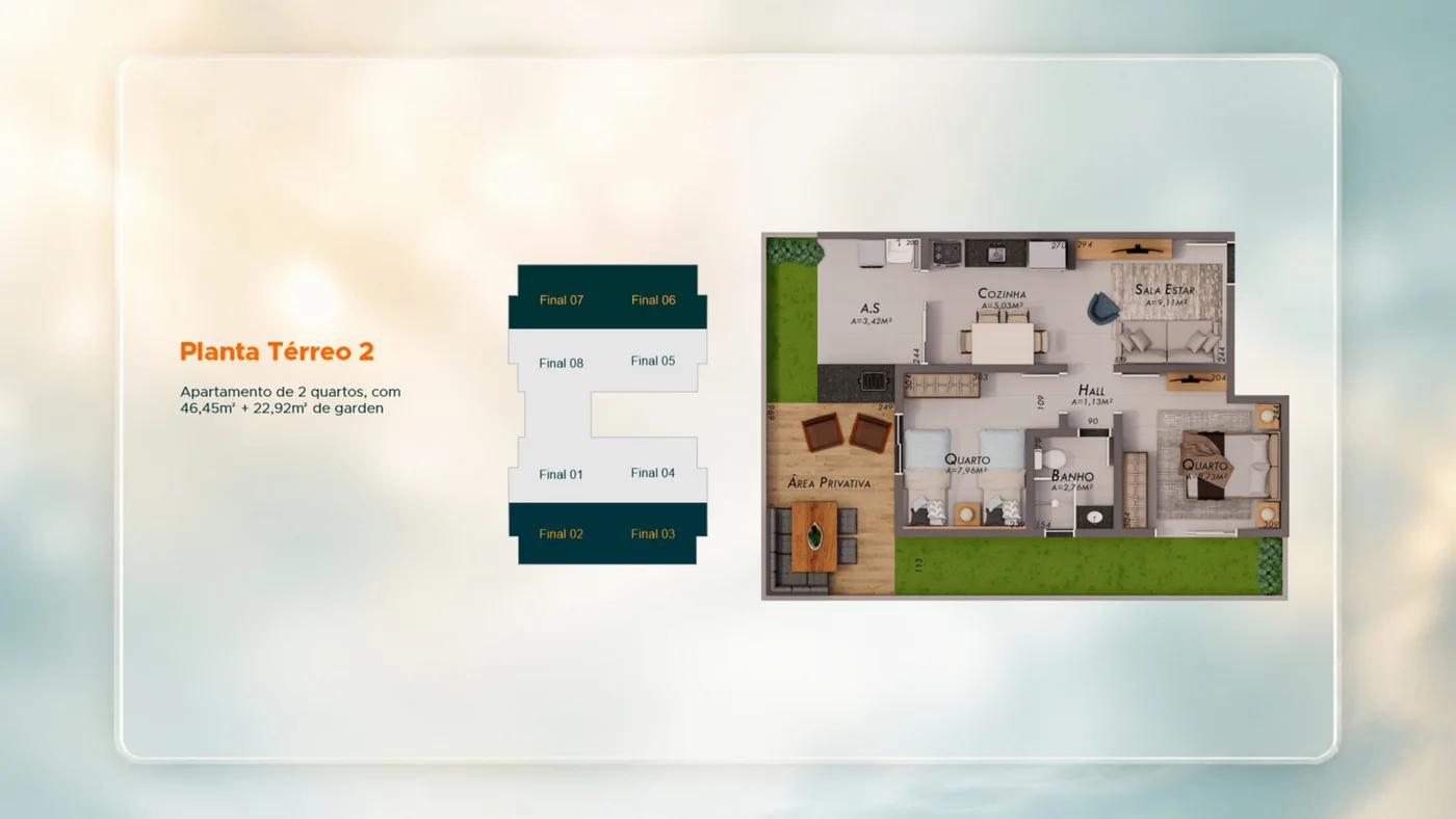 Planta de térreo do Residencial Horizon, apartamento de 2 quartos de 46,45 m² com 22,92 m² de garden e área privativa
