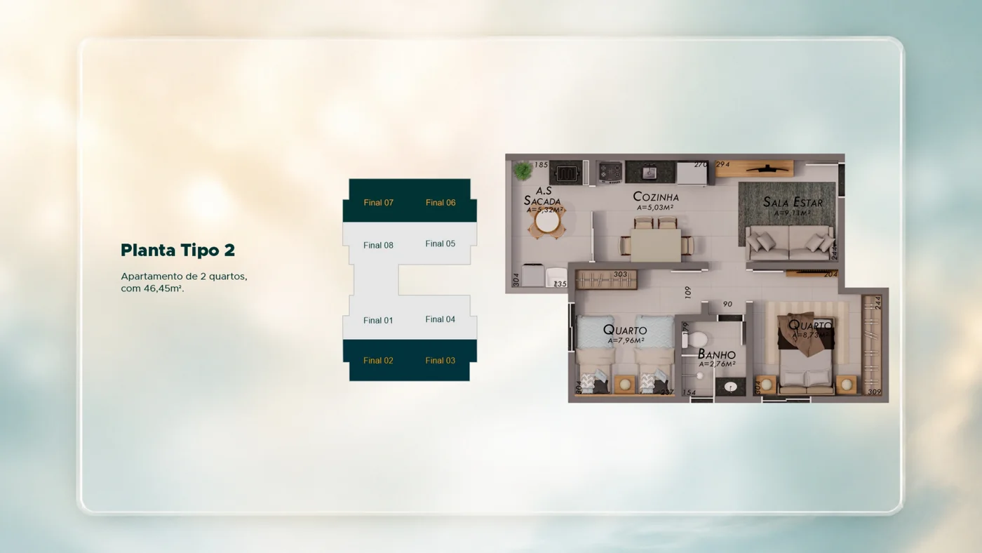 Planta tipo do Residencial Horizon, apartamento de 2 quartos de 46,45 m² com sala, cozinha, banho e sacada na área de serviço