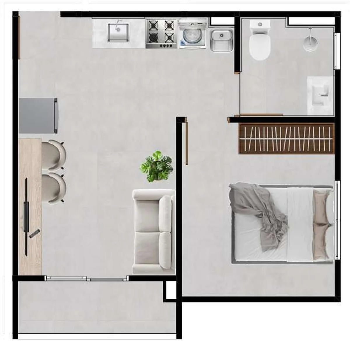 Planta do apartamento de 1 quarto de 36 m² do Loft Pequis: sala e cozinha integradas, quarto, banheiro e varanda