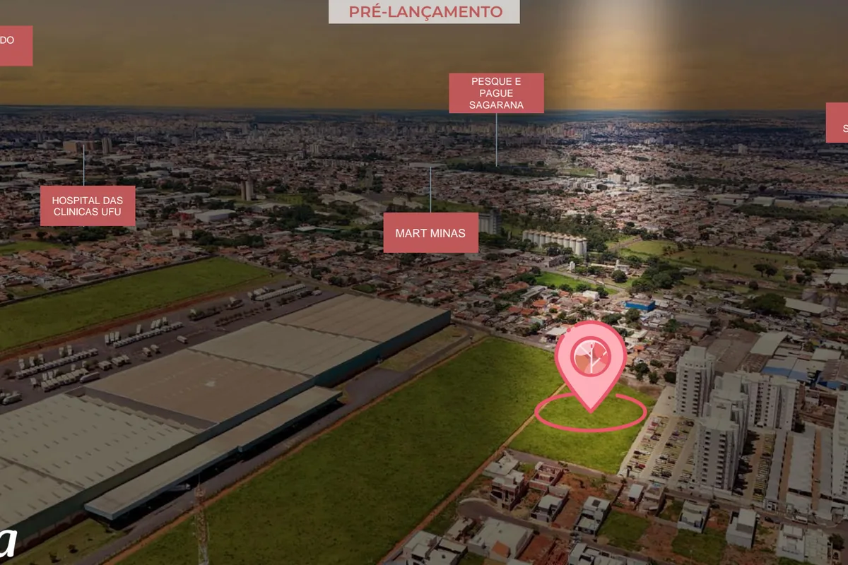 Vista aérea da região da zona norte de Uberlândia mostrando a localização do Matíz Residence perto do Parque Siquierolli, Mart Minas e Hospital de Clínicas da UFU