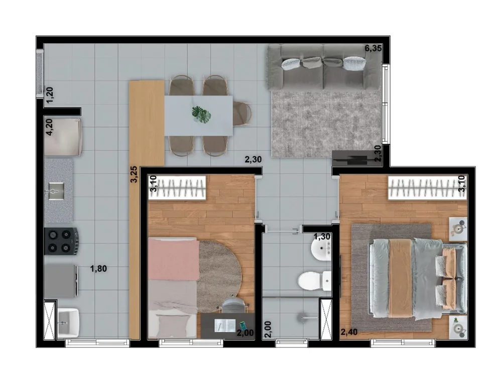Planta de apartamento de 2 dormitórios do Matíz Residence com sala, cozinha e sacada, Uberlândia