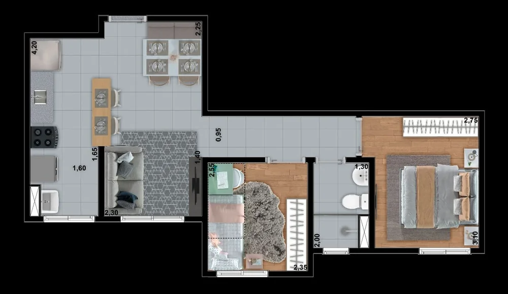 Planta alternativa de apartamento de 2 dormitórios do Matíz Residence, Uberlândia