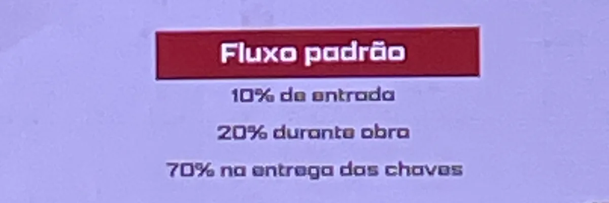 Slide do lancamento do NOW Living com o fluxo padrao: 10% de entrada, 20% durante a obra e 70% na entrega das chaves