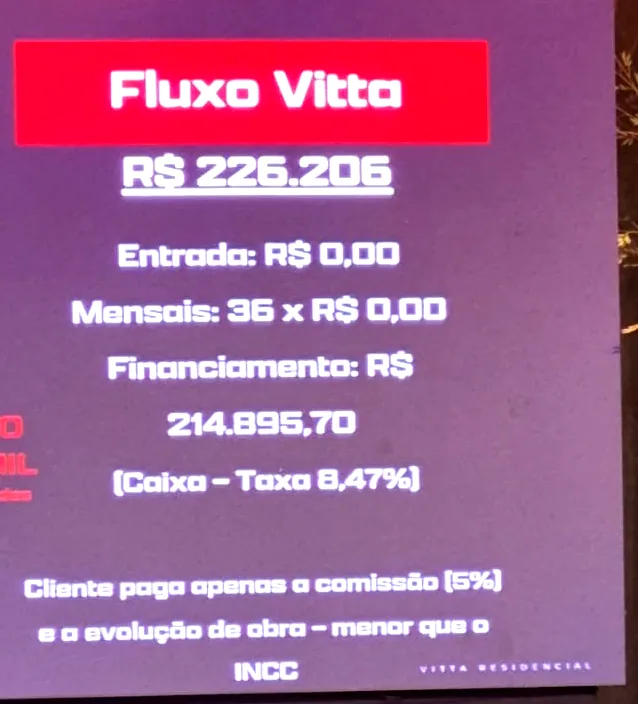 Slide do lancamento do NOW Living com o fluxo Vitta de R$ 226.206: entrada zero, 36 mensais de R$ 0,00 e financiamento de R$ 214.895,70 pela Caixa a 8,47% ao ano