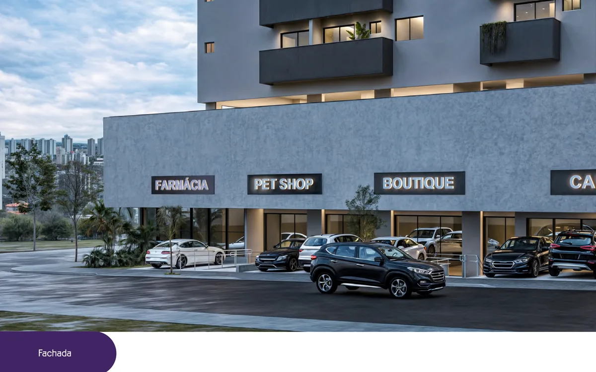 Fachada ativa com farmácia, pet shop e boutique no térreo do Opção Studios Campus, Uberlândia