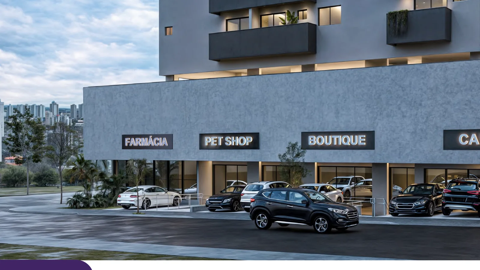 Fachada ativa com serviços de conveniência do Opção Studios Campus, no bairro Umuarama, Uberlândia