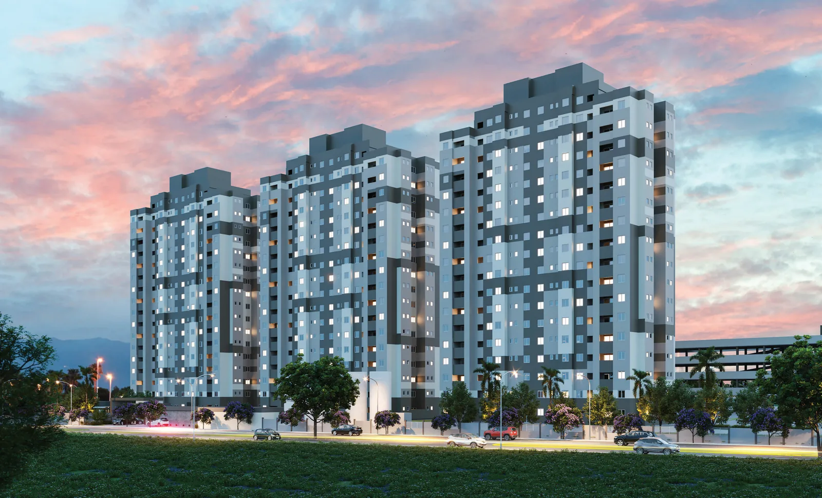 Fachada do Park Espanha, da INC, na zona sul de Uberlândia, com as torres e o edifício garagem ao fundo